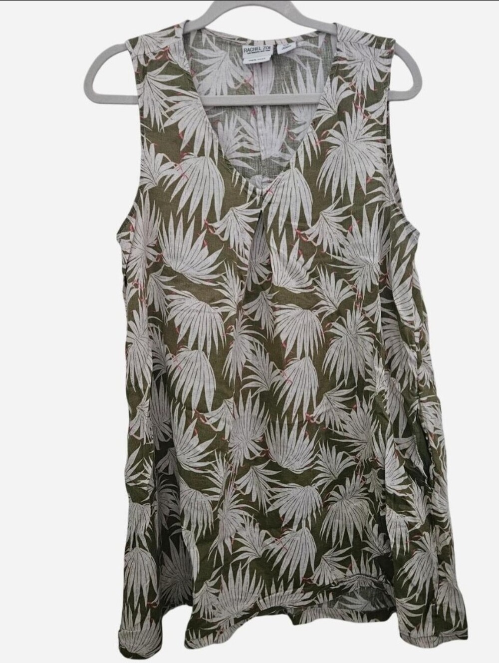Rachel Zoe 100% Linen Tropical Palm Tank Top Green White M Coastal Grandma